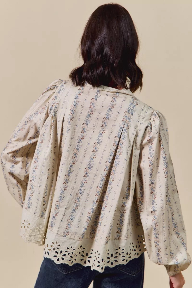 SO ME Floral Print Lace Button Down Shirt