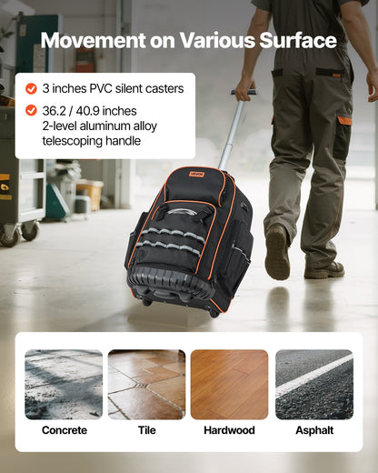 Rolling Tool Backpack, 110 Lbs Load Capacity, 72 Pockets Heavy Duty Roller Tool Bag On Wheels, Adjustable Telescoping Handle & Stable Base, Toolbag Organizers For Construction, Mechanic