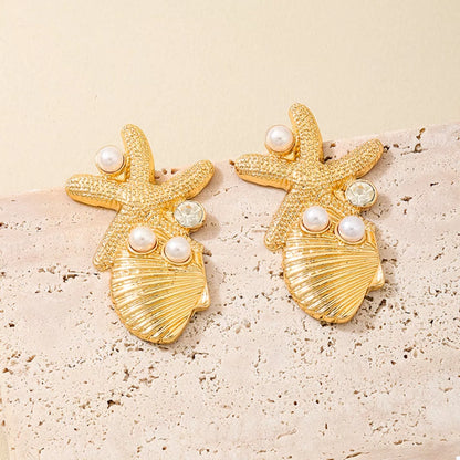Ocean Starfish Shell Synthetic Pearl Drop Earrings