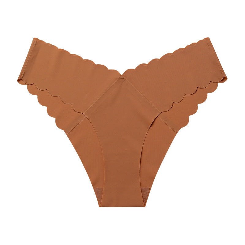 Wavy Lace V-shaped Waist Seamless Ice Silk Girl's Underwear One-piece Large Size Pure Cotton Crotch Women's Briefs