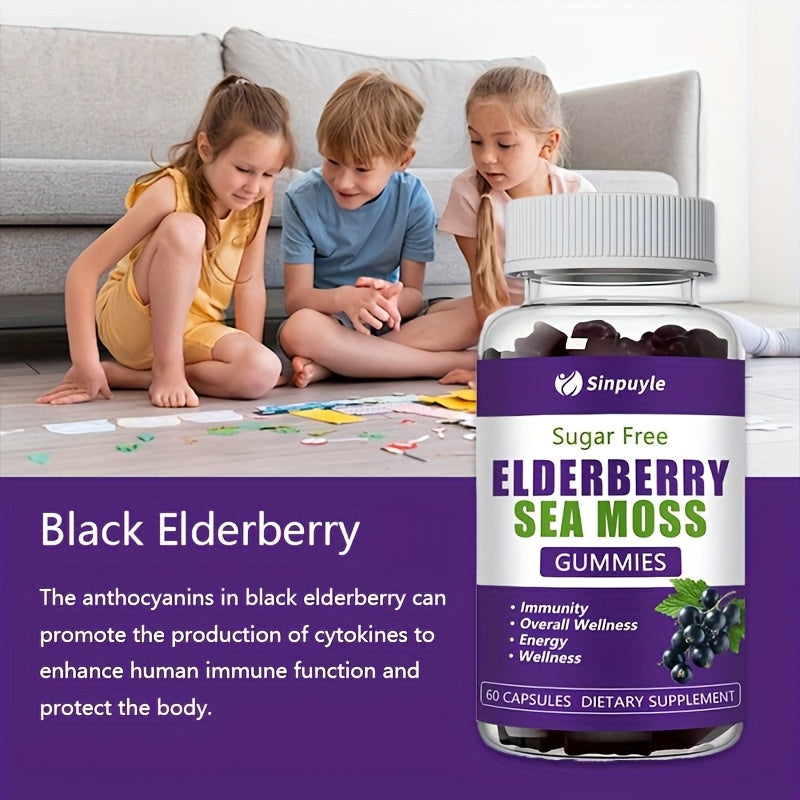 Sugar Free Elderberry Sea Moss Gummies - Immune Support, Daily Wellness & Energy Boost Supplement, 60 Count