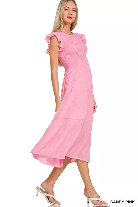 Zenana Woven Smocked Ruffle Sleeve Midi Dress