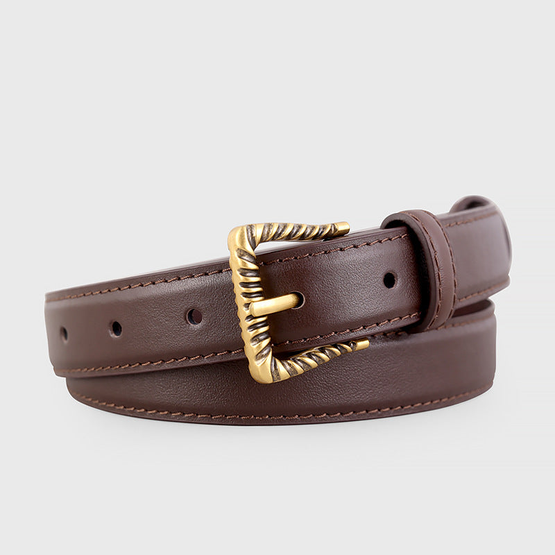 Leather Belt with Textured Gold Buckle