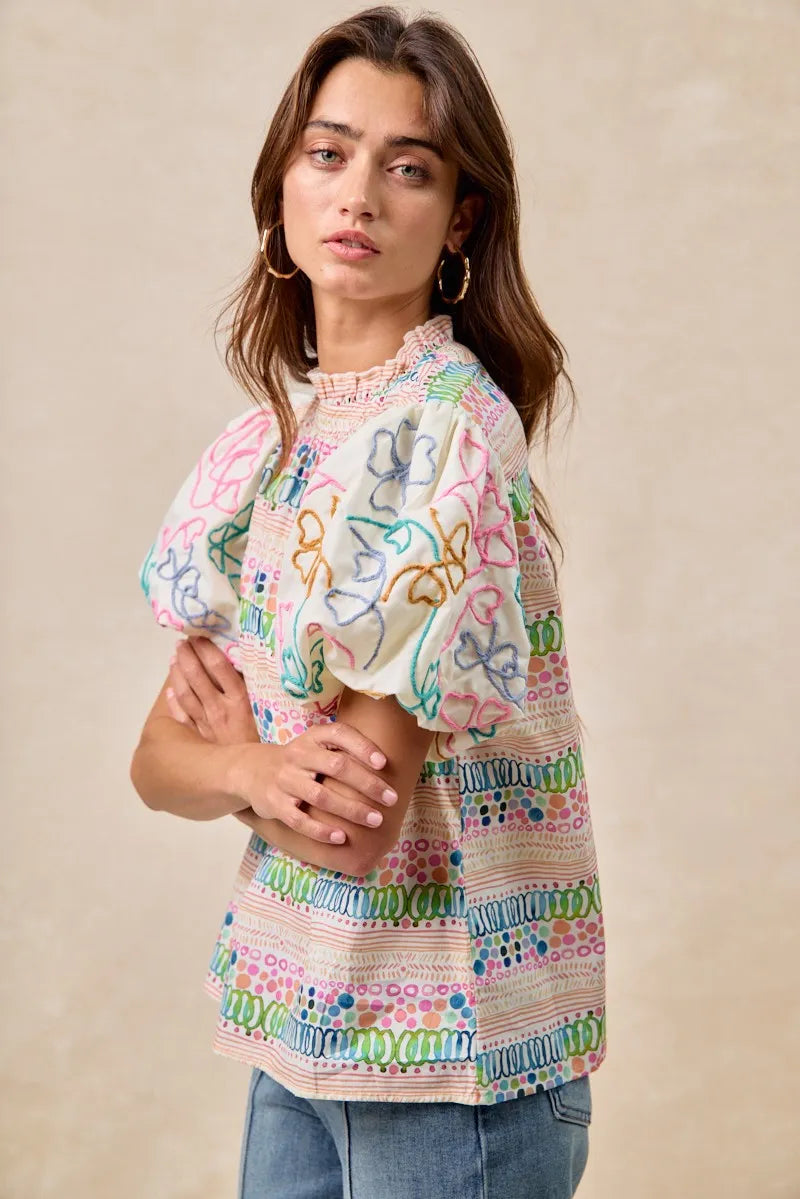 BiBi Ruffle Neckline Blouse With Embroidery Bubble Sleeve
