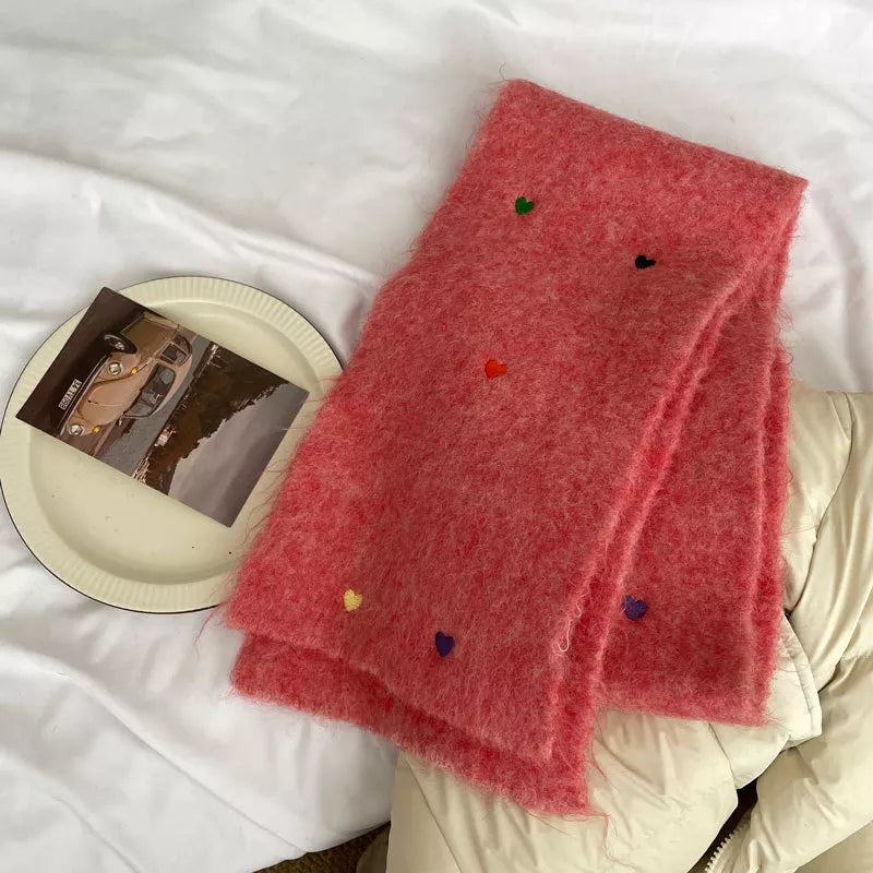 Heart-Embellished Fuzzy Knit Scarf