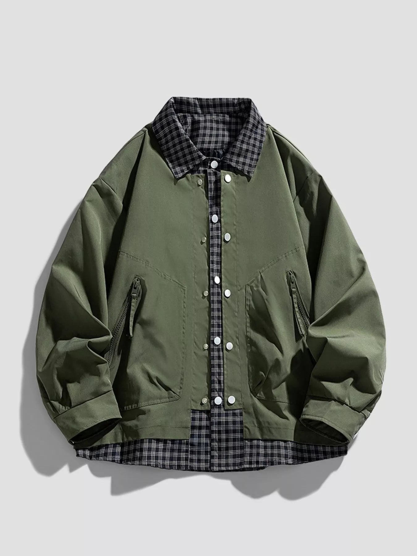 Men's Plus Size Plaid Trim Snap Down Casual Jacket