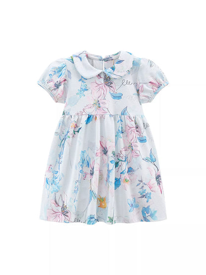 Children's Floral Print Peter Pan Collar Puff Sleeve Dress