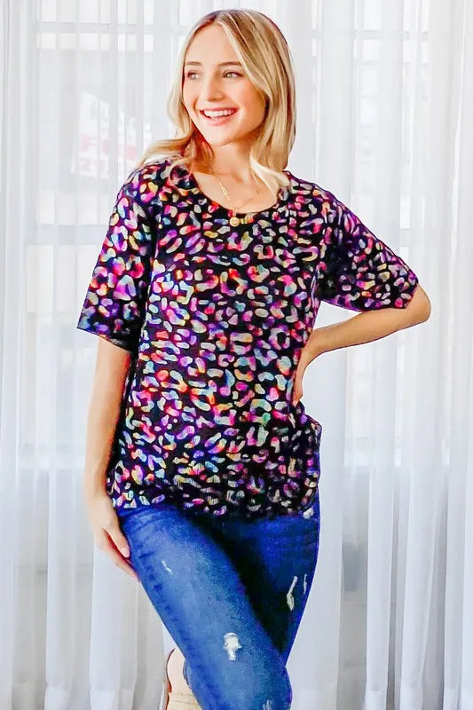 And The Why Leopard Foil Printed Half Sleeve Summer Sweater