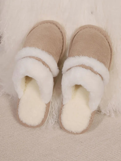 Contrast Faux Fur Round Toe Slippers