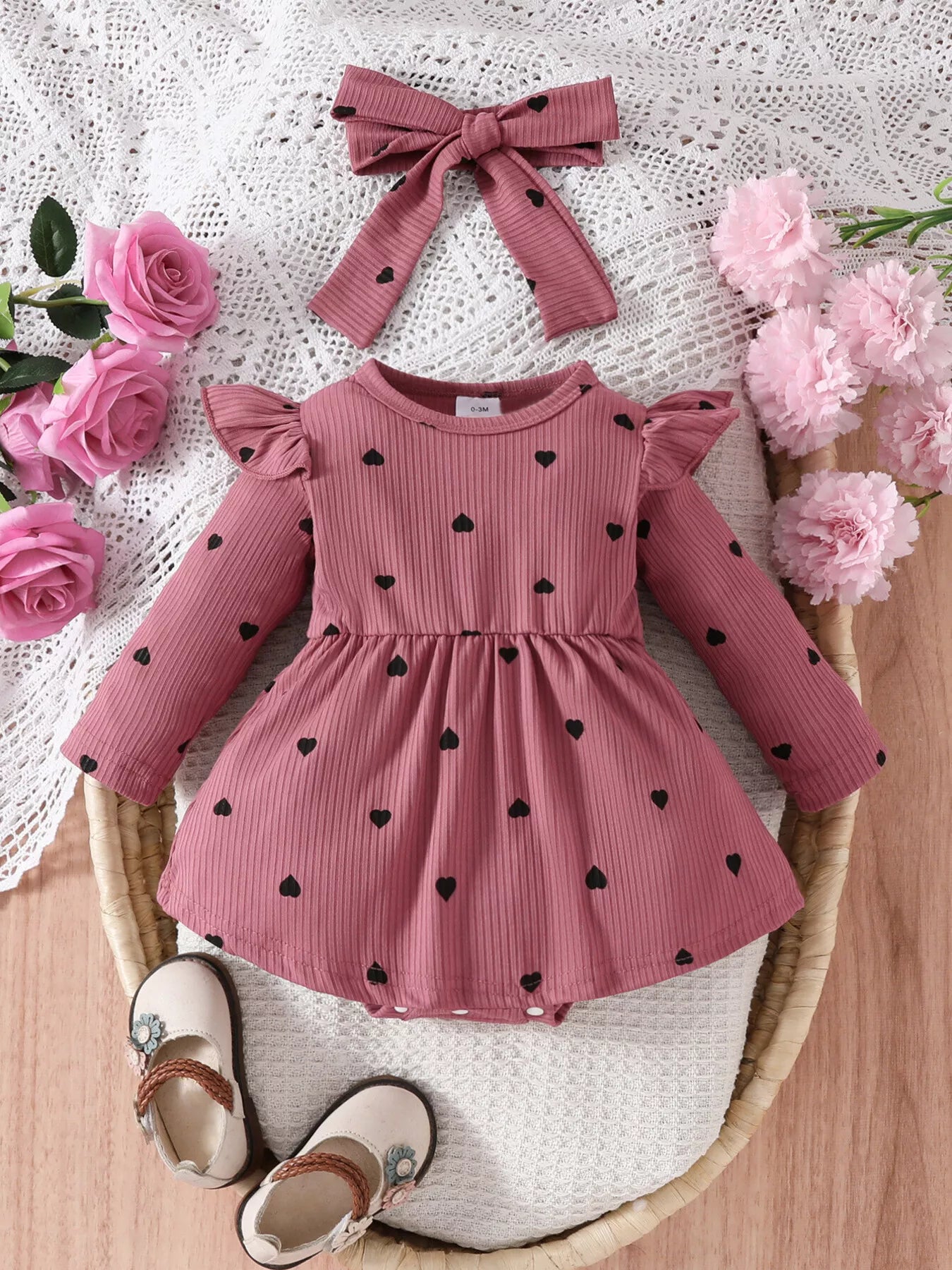 Children's Heart Print Ruffle Trim Bodysuit Dress with Headband