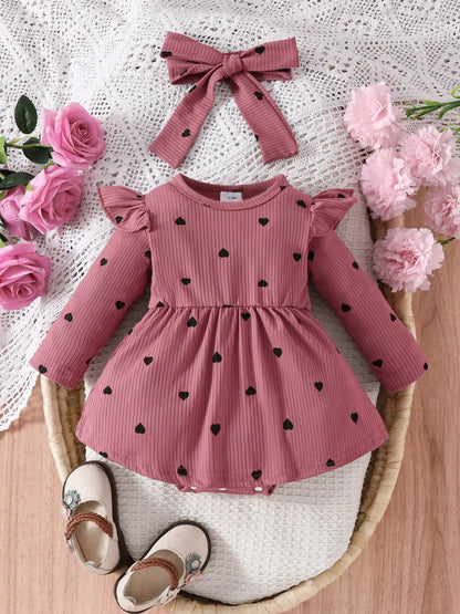 Children's Heart Print Ruffle Trim Bodysuit Dress with Headband