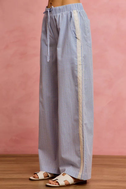 SO ME Wide Check  Pants With Side Lace Trim And Piping