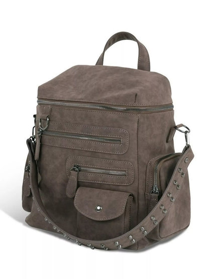 Multi-Pocket Studded Convertible Backpack Bag