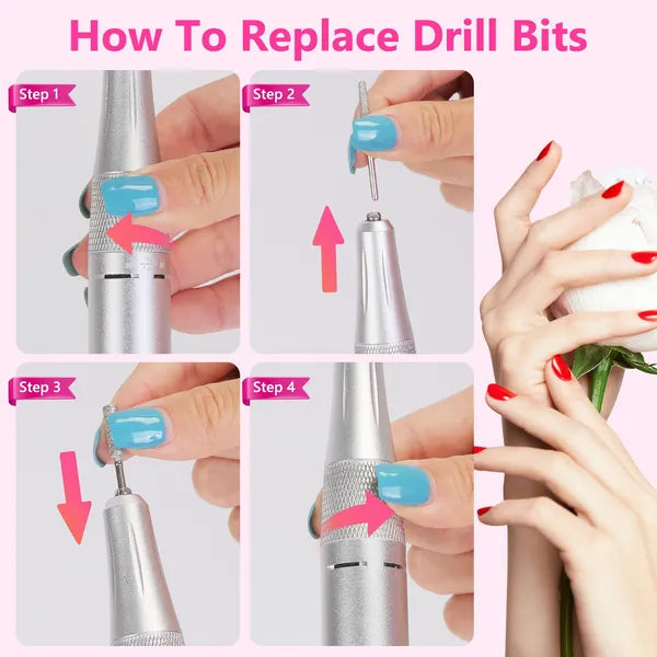 Portable Electric Nail Drill Bit 45000 RPM With 11 Bits Base Waist Clip Cordless Rechargeable Nail File Machine For Professional Salon Home Acrylic Nails Remove Nail Gel Polish Manicure