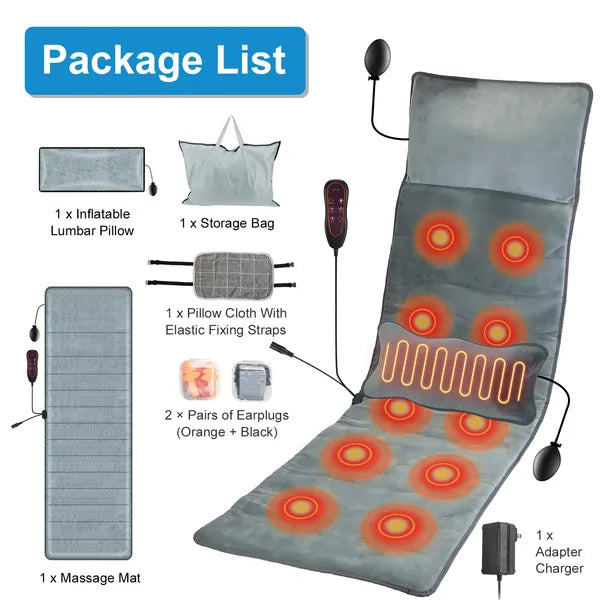 Full Body Electric Massage Mat With Heat Vibration Massage Pad Cushion Back Massage Mattress Chair Pad With Inflatable Head Lumbar Pillow With 10 Vibration Motors 3 Timers Anti-Slip Bottom Earplugs