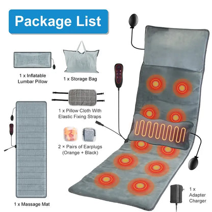 Full Body Electric Massage Mat With Heat Vibration Massage Pad Cushion Back Massage Mattress Chair Pad With Inflatable Head Lumbar Pillow With 10 Vibration Motors 3 Timers Anti-Slip Bottom Earplugs