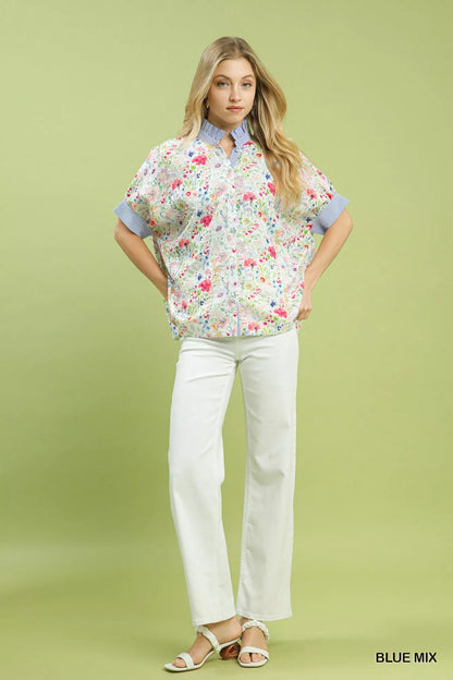 Umgee Jacquard Floral Print Button-Down Shirt