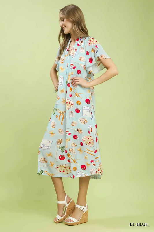 Umgee Abstract Print Flutter Sleeve Midi Dress