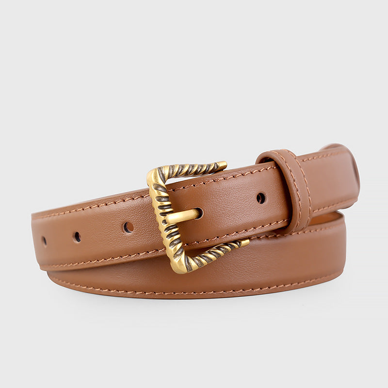 Leather Belt with Textured Gold Buckle