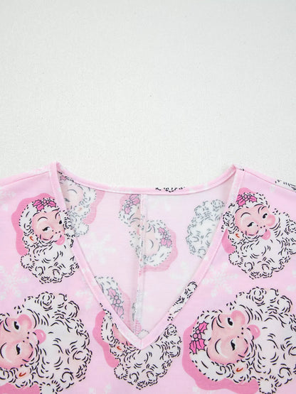 Santa Claus Print V Neck Tee Drawstring Pants 2pcs Lounge Set