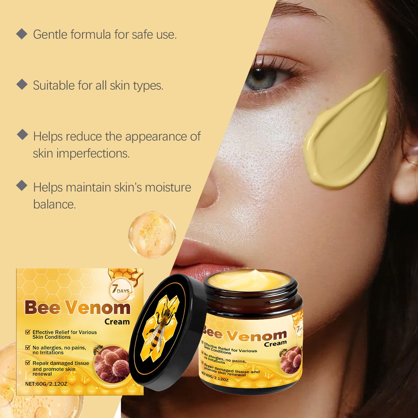 AMZ Bee Venom Skin Care Cream Is Gentle, Moisturizing, Hydrating, Smooth And Delicate. It Is Suitable For Daily External Application And Skin Care