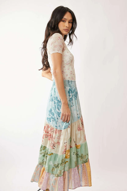 Davi & Dani Floral Mesh Mock Neck Short Sleeve Top
