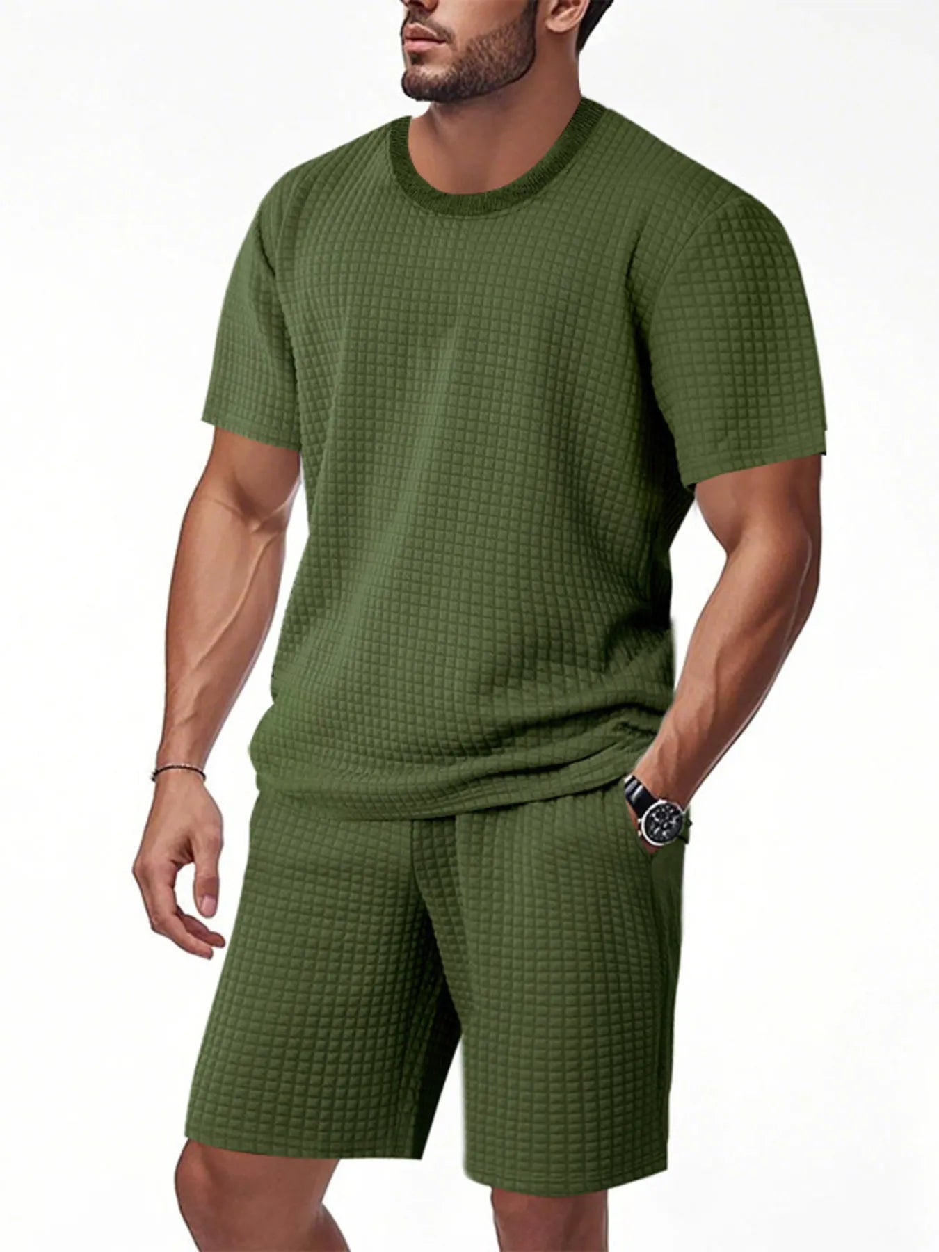 Men's Full Size Textured Round Neck Top and Shorts Set Plus SIze