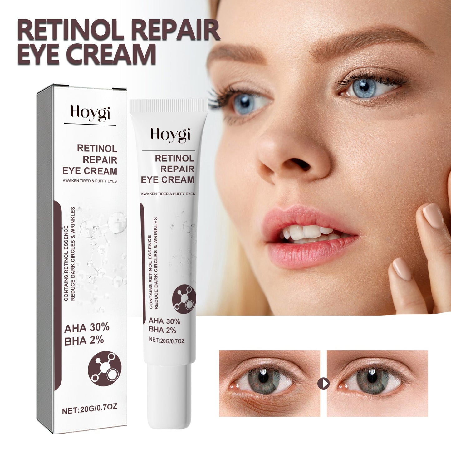 Hoygi Retinol Repair Eye Cream, Reduce Wrinkles Fine Lines Bags Dark Circles Brightening Skin Anti-Wrinkle Repair Eye Cream