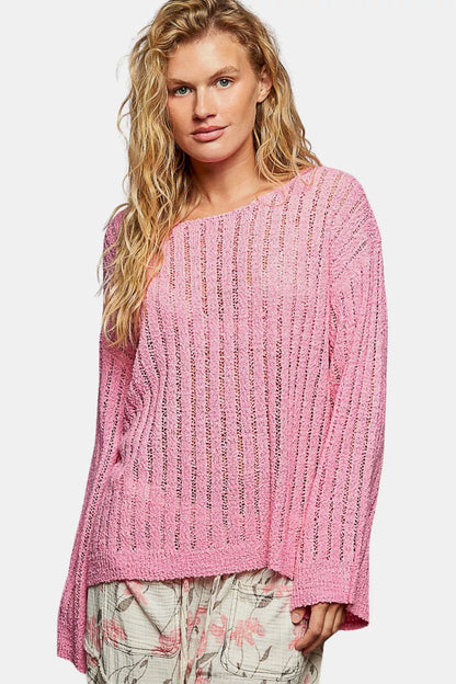 POL Round Neck Long Sleeve Open Weave Sweater
