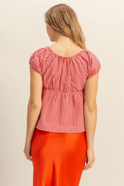 HYFVE Gingham Scoop Neck Cap Sleeve Blouse