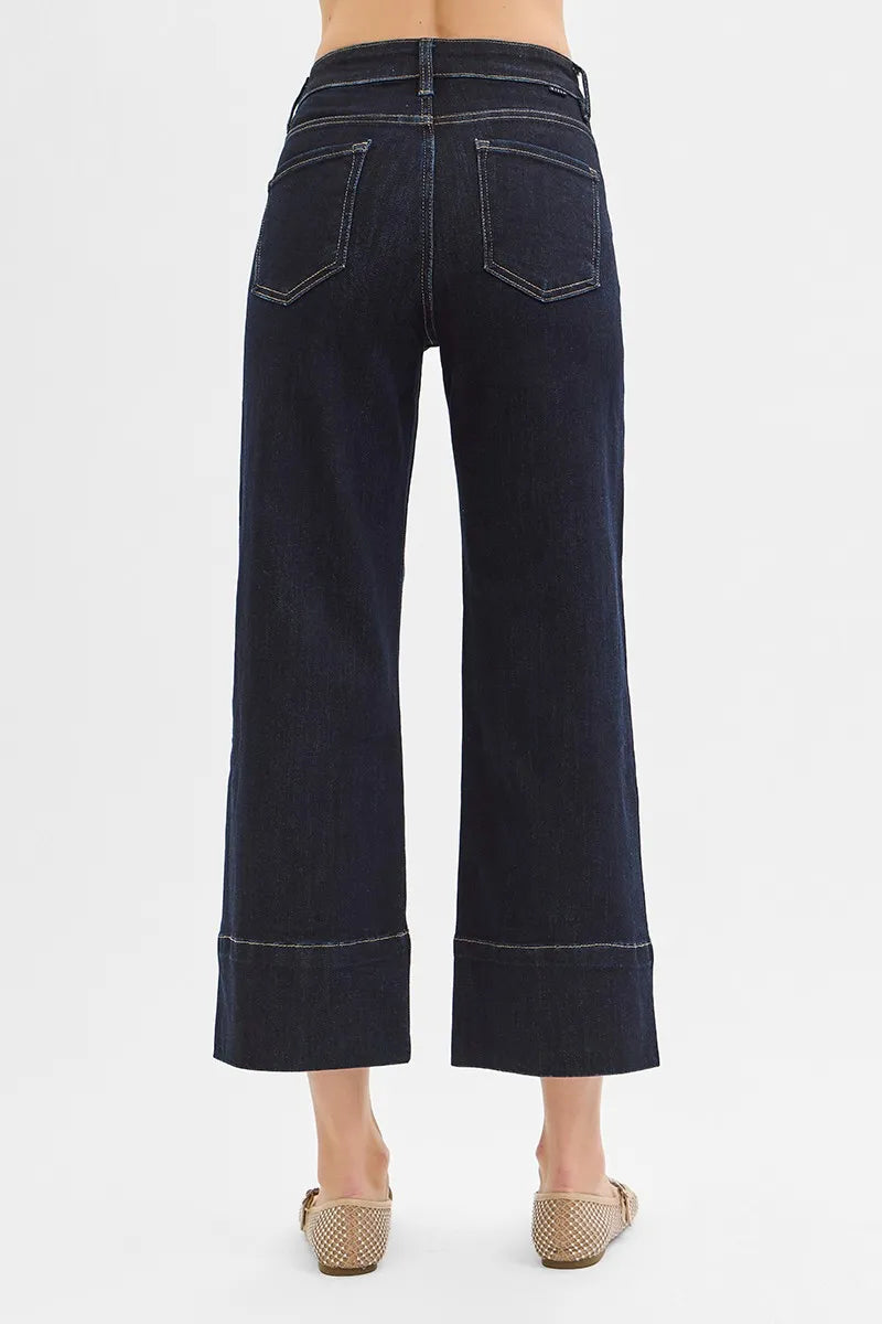 RISEN Tummy Control High Rise Crop Wide Seam Detailed Jeans