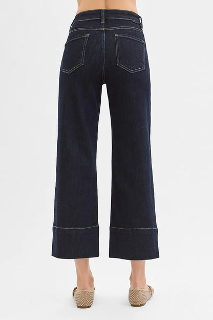 RISEN Tummy Control High Rise Crop Wide Seam Detailed Jeans