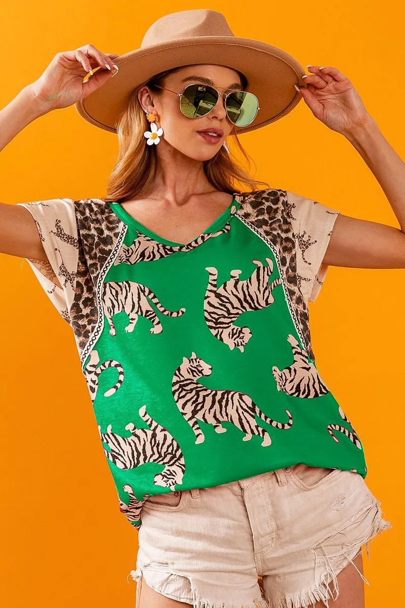 BiBi Tiger Printed Jersey Block T-Shirt with Aztec Trim