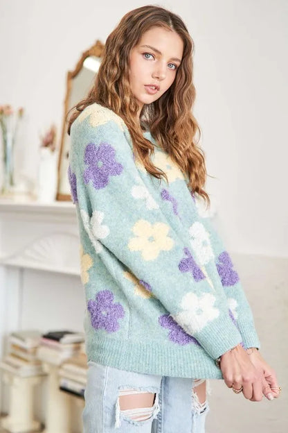 ADORA Full Size Floral Popped 2-Tone Sweater Top Plus Size