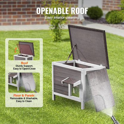 Outdoor Cat House Wooden Feral Cat Shelter With Roof & PVC Door Flaps