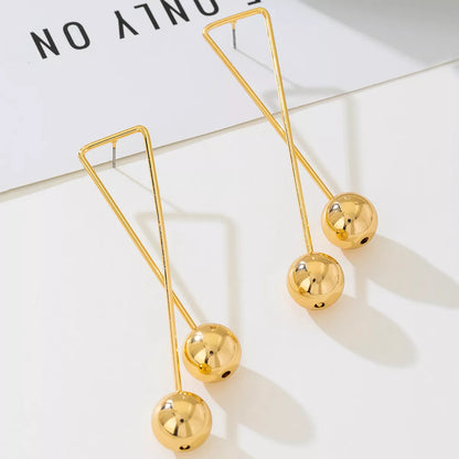 Modern Geometric Triangle Gold Ball Drop Earrings