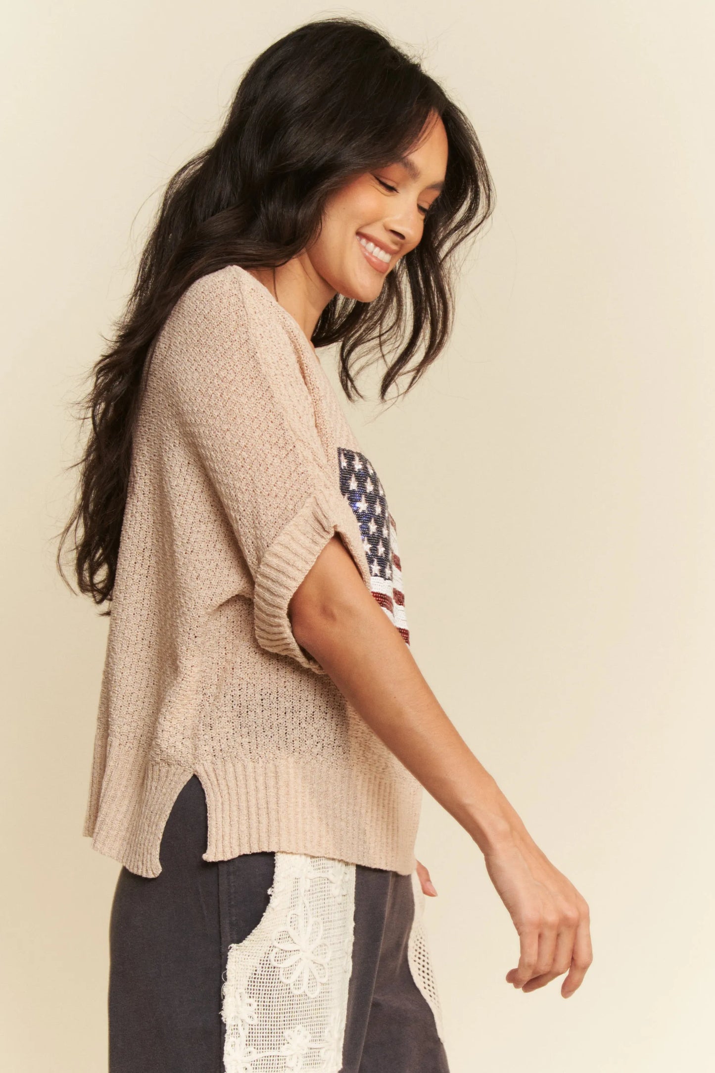 Davi & Dani Sequin American Flag Patch Short Sleeve Knit Top