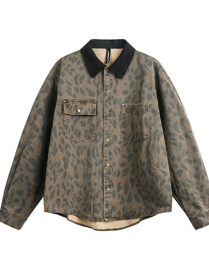 Men's Leopard Button Up Long Sleeve Jacket