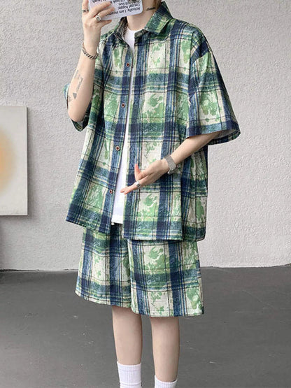 Men's Plus Size Casual Plaid Print Shirt & Shorts Set