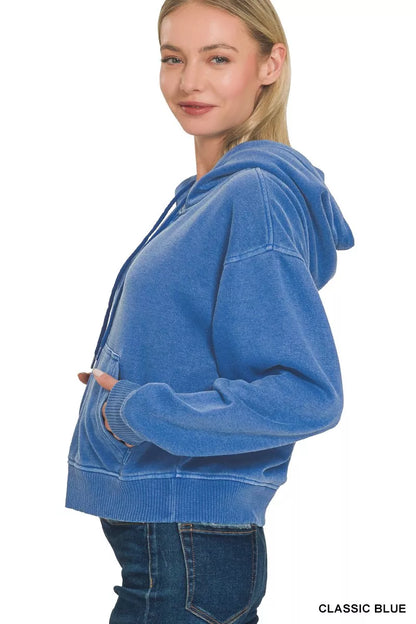 Zenana Fleece Pigment Dye Half Zip Kangaroo Pocket Hoodie