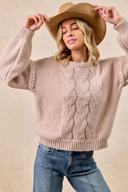 BiBi Cable Knit Sweater with Shoulder Braid Detail