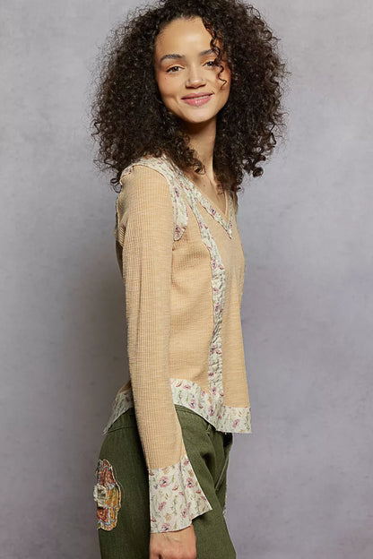 POL Floral Patch V-Neck Long Sleeve Ribbed Top