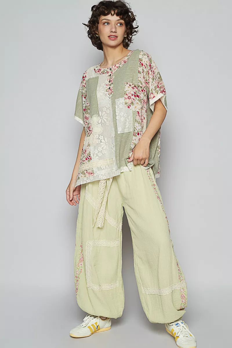 POL Lace Round Neck Short Sleeve Floral Pattern Top with Patch Detail