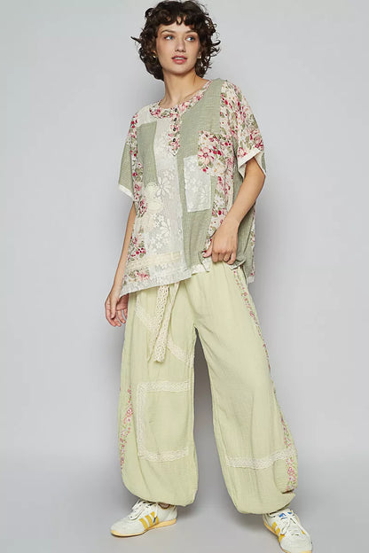 POL Lace Round Neck Short Sleeve Floral Pattern Top with Patch Detail