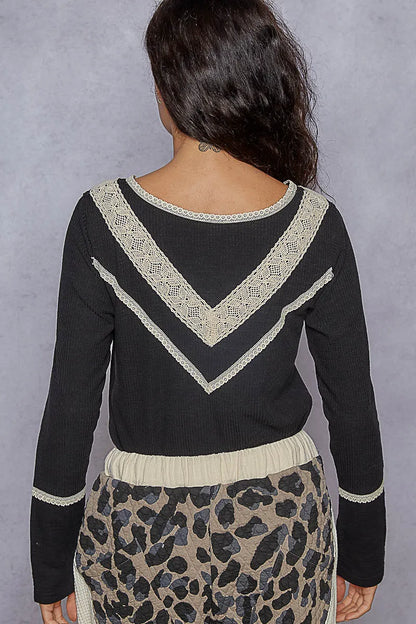 POL Ribbed Half Button Lace Detail Knit Top