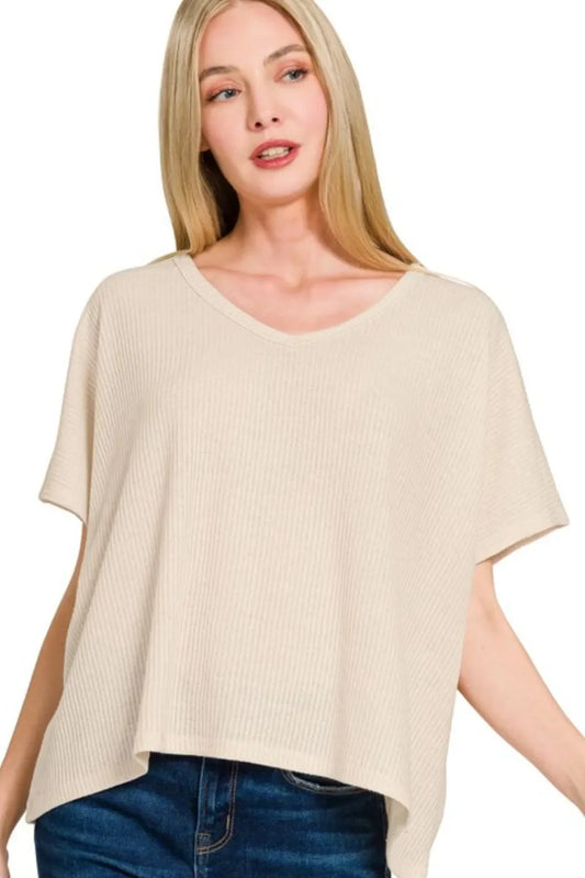Zenana Ribbed V-Neck Short-Sleeve Knit Top