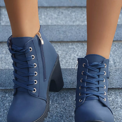 Lace Up Block Heels Boots