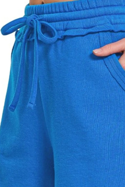Zenana Fleece Raw Hem Shorts With Draw String