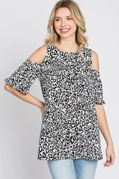 Heimish Full Size Leopard Round Neck Cold Shoulder T-Shirt Plus Size