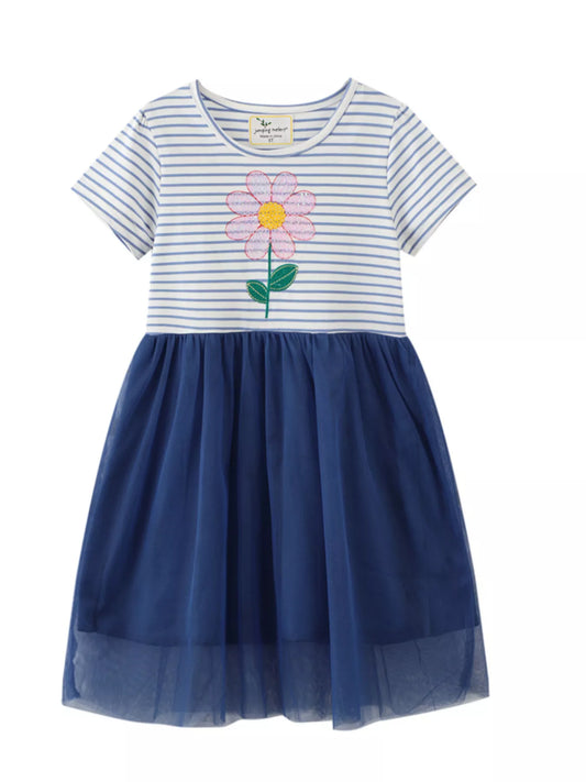 Children's Striped Sequin Flower Tulle Dress